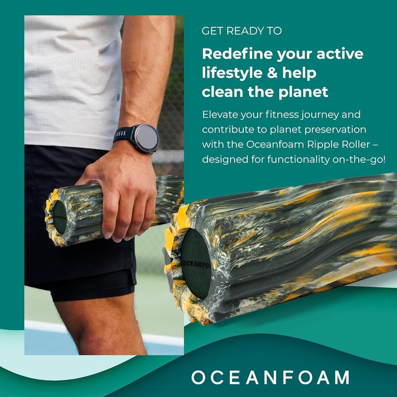 Oceanfoam Ripple Travel Foam Roller (11" x 3.35") Firm Mini Foam Roller for Physical Therapy, Deep Tissue Massage, Back Pain - High Density, Wave Textured - Yoga (Hunter, Gold & Natural Marbled) - Image 2